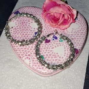 Silvertone Hoop Earrings w/ Double Row of Clear Rhinestones